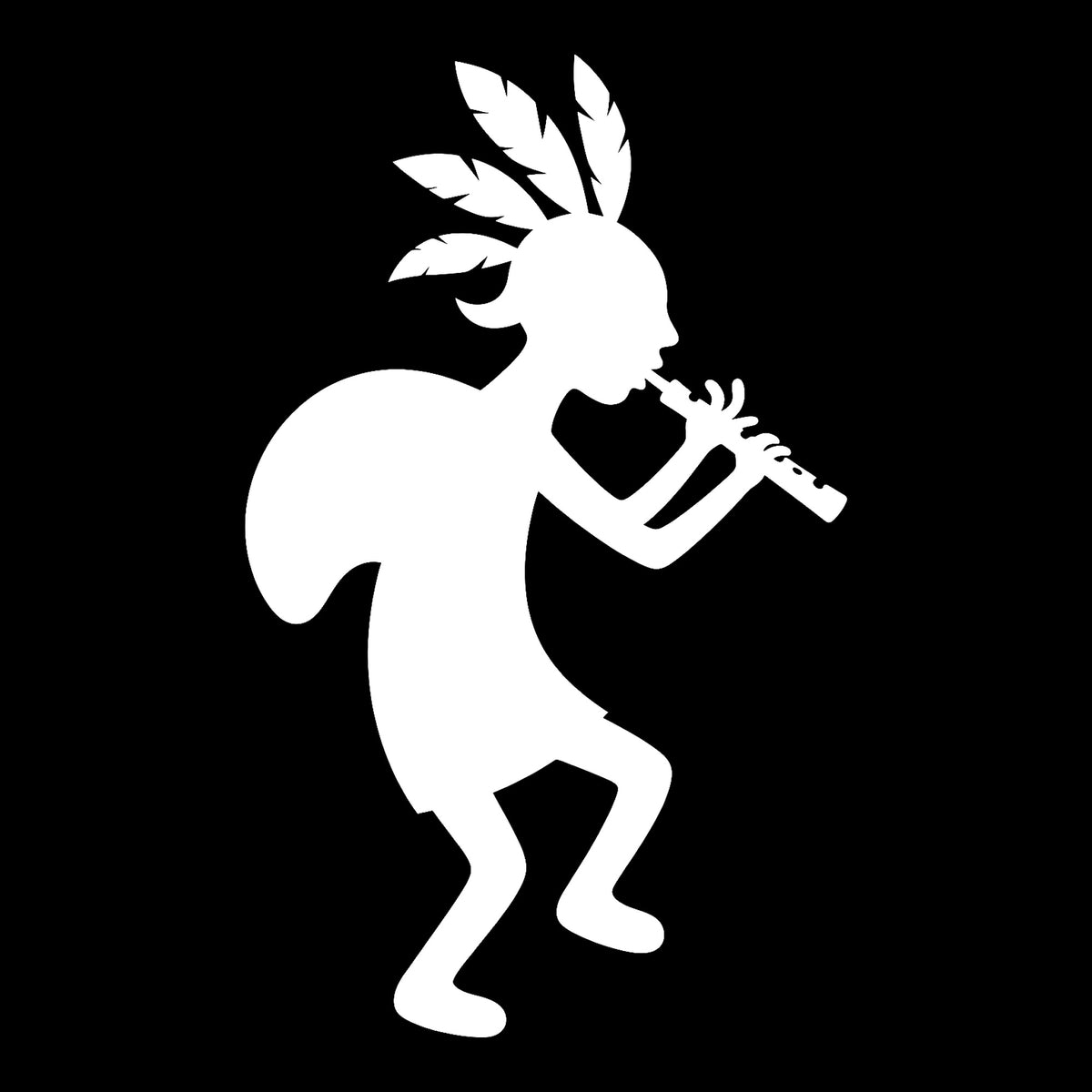 Kokopelli decal in white on a black background