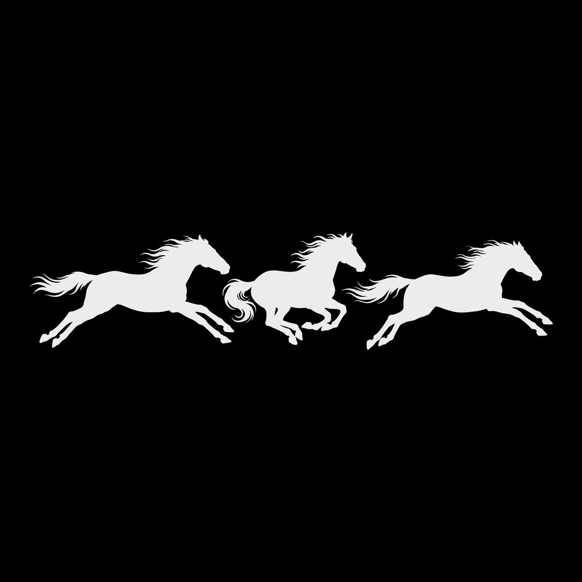 Running Horses decal in white on a black background