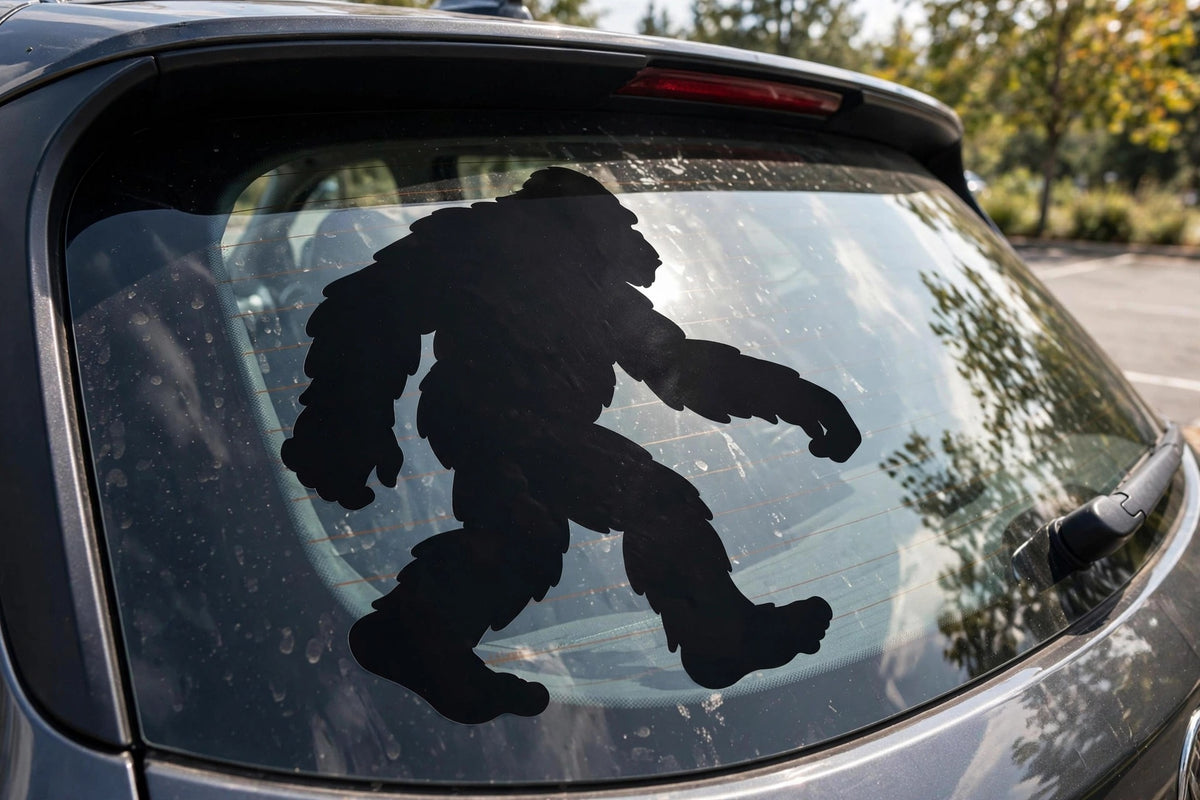 Bigfoot decal applied to a truck rear window