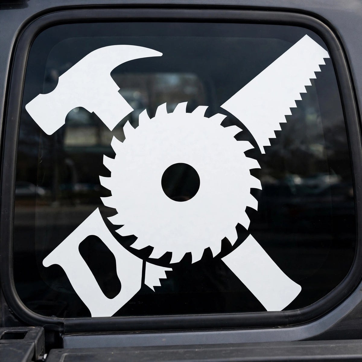Carpenter decal applied to a truck rear window