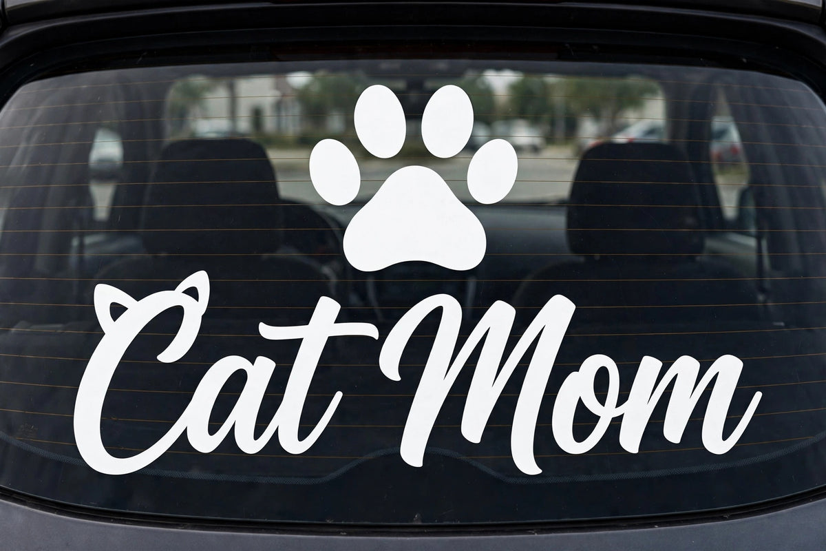 Cat Mom decal applied to a truck rear window