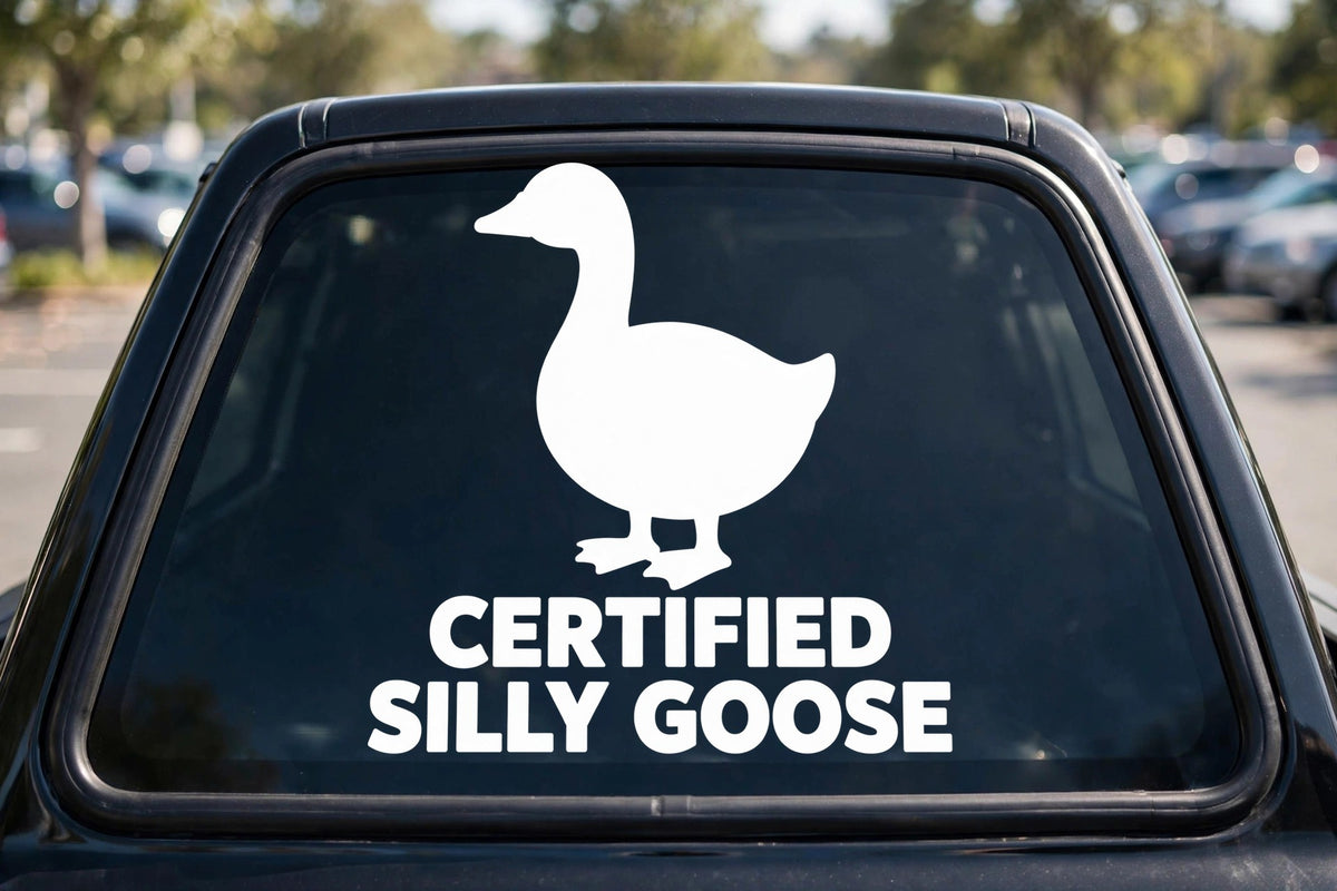 Certified Silly Goose decal applied to a truck rear window