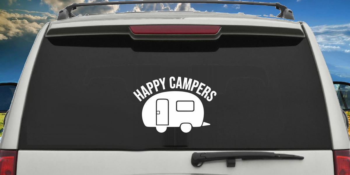 Happy Campers decal applied to a truck rear window