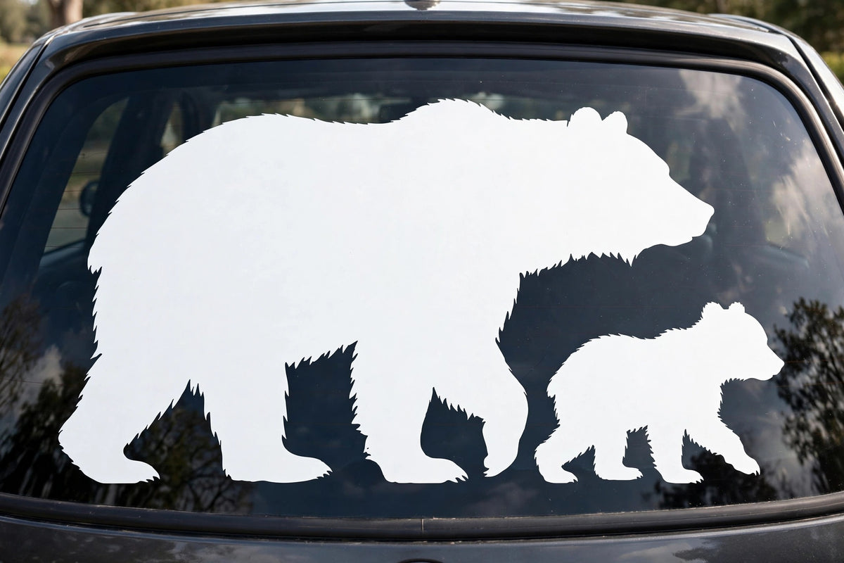 Mama Bear decal applied to a truck rear window