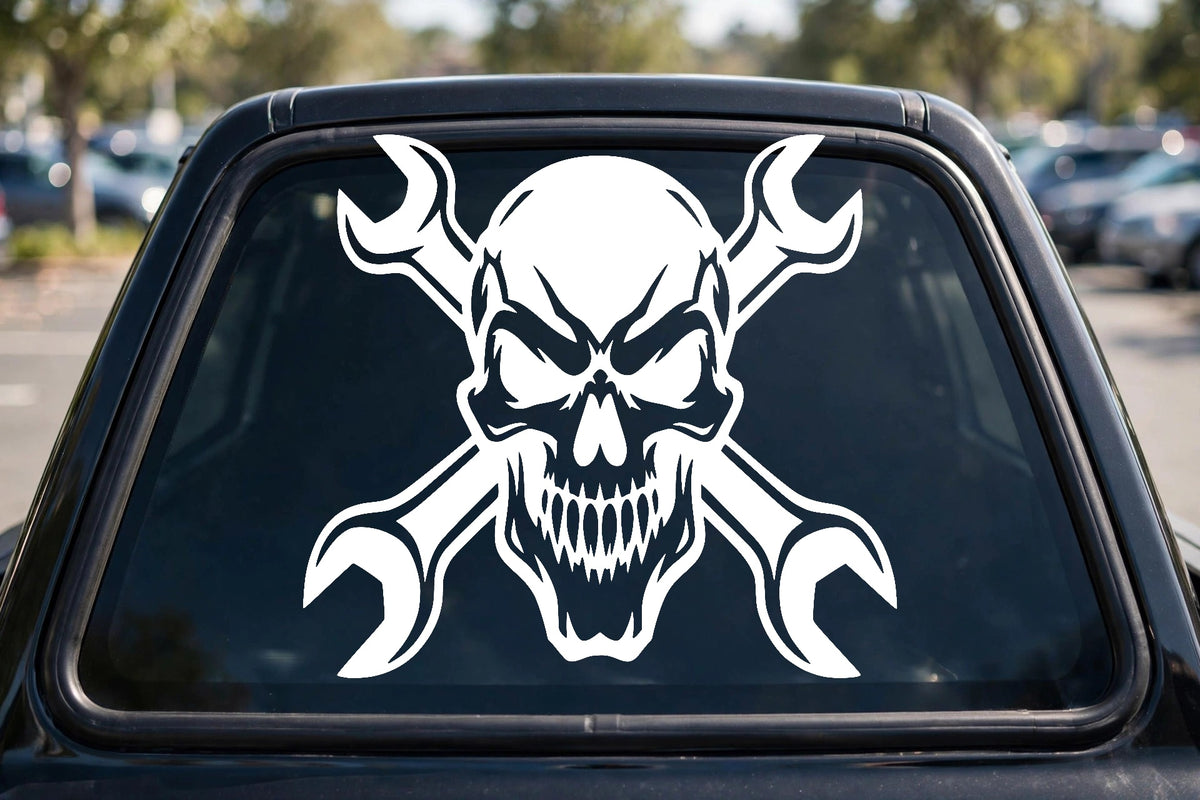 Mechanic decal applied to a truck rear window