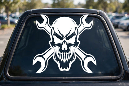 Mechanic decal applied to a truck rear window