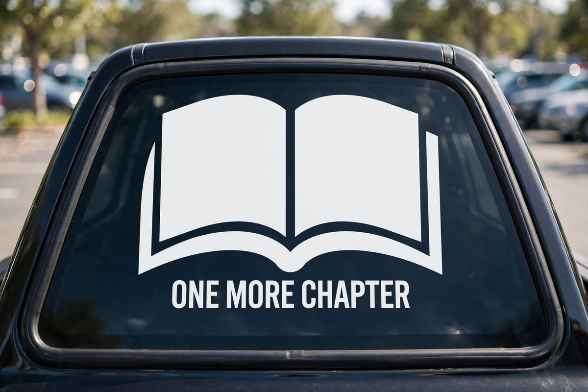 One More Chapter decal applied to a truck rear window