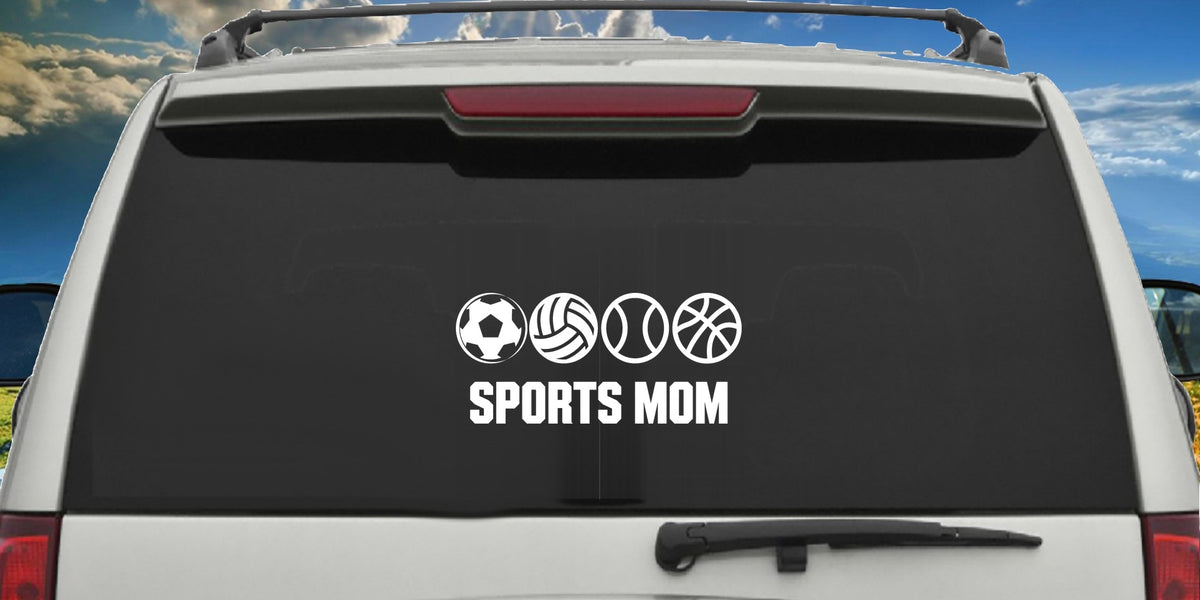 Sports Mom decal applied to a truck rear window