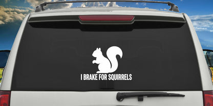 I Brake For Squirrels decal applied to a truck rear window