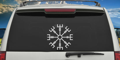Vegvisir decal applied to a truck rear window