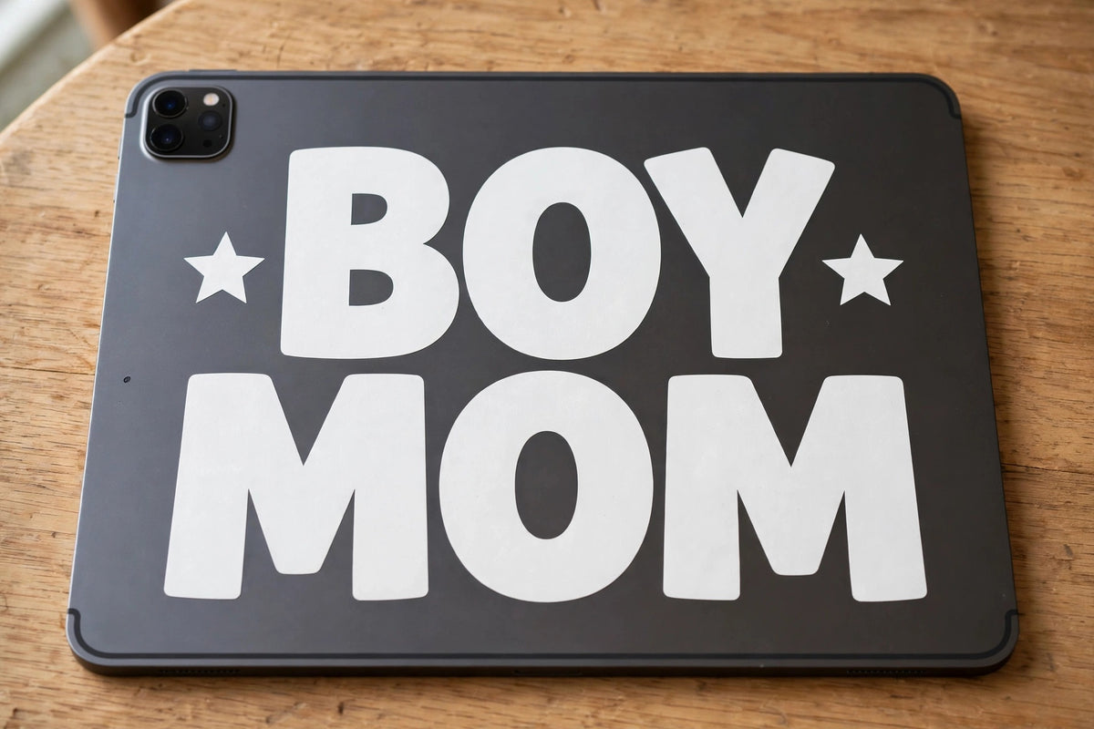 Boy Mom decal applied to a tablet back