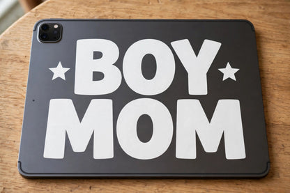 Boy Mom decal applied to a tablet back
