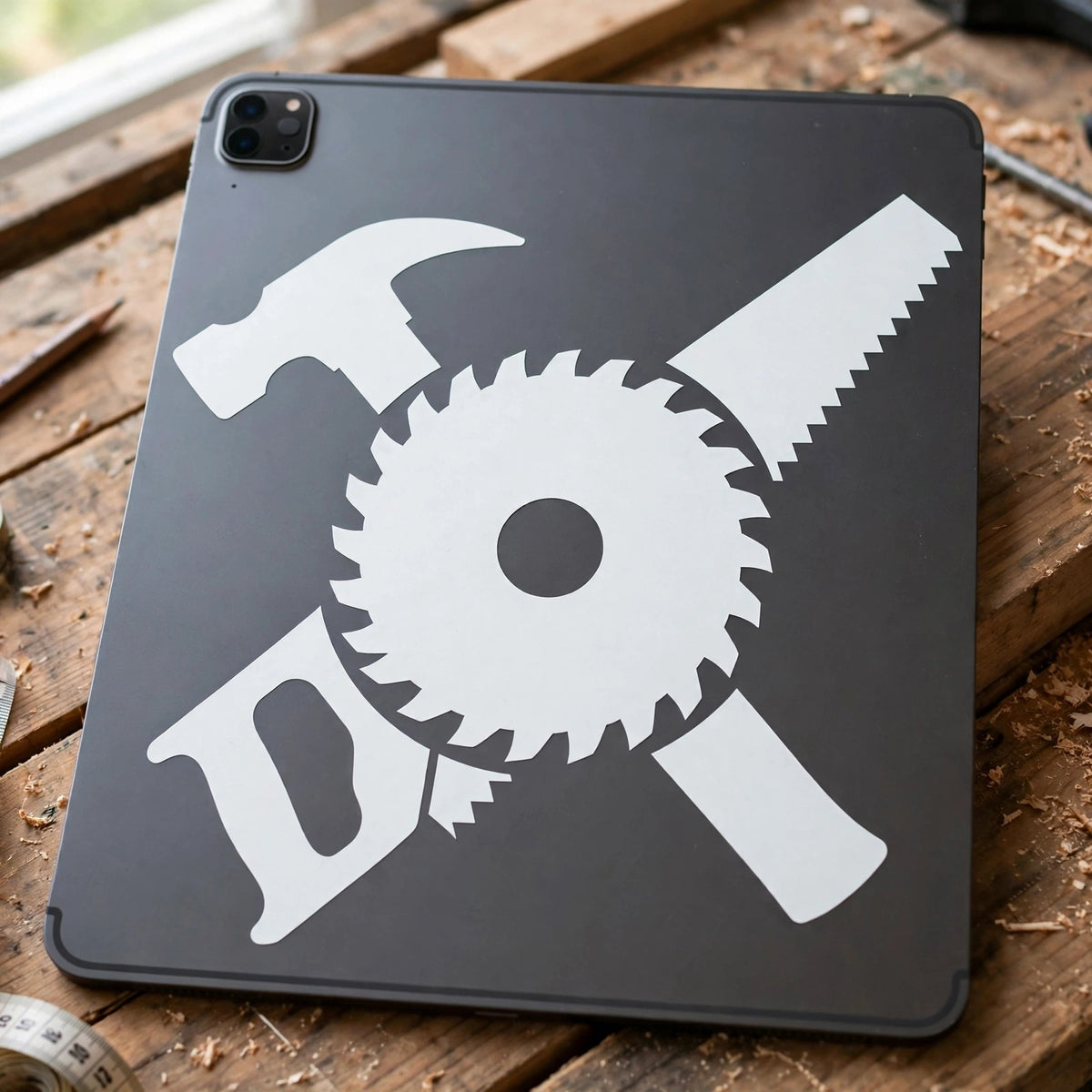 Carpenter decal applied to a tablet back