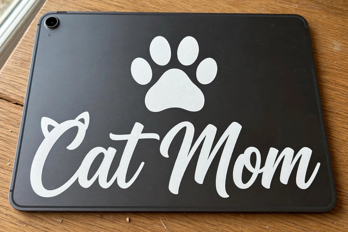 Cat Mom decal applied to a tablet back