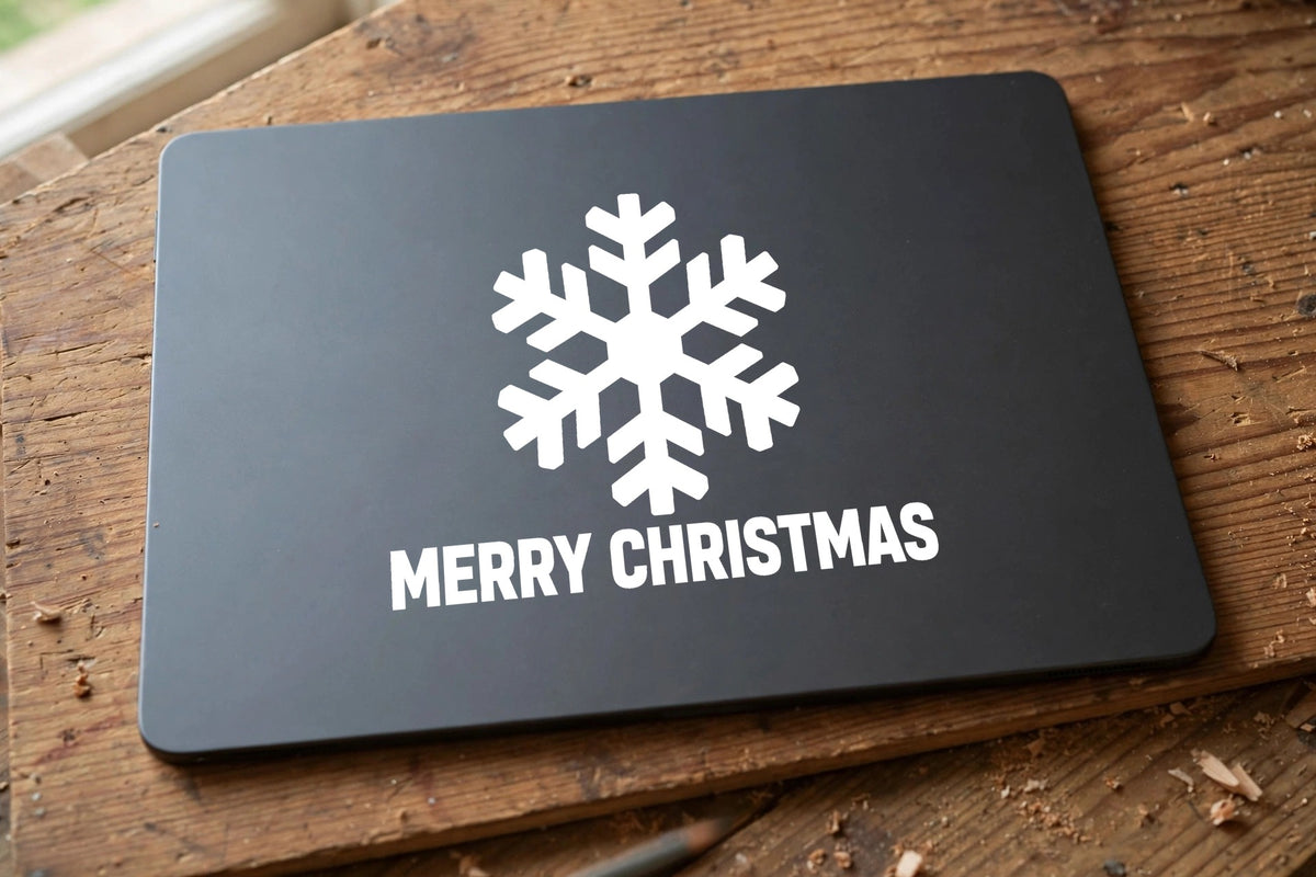 Merry Christmas Snowflake decal applied to a tablet back