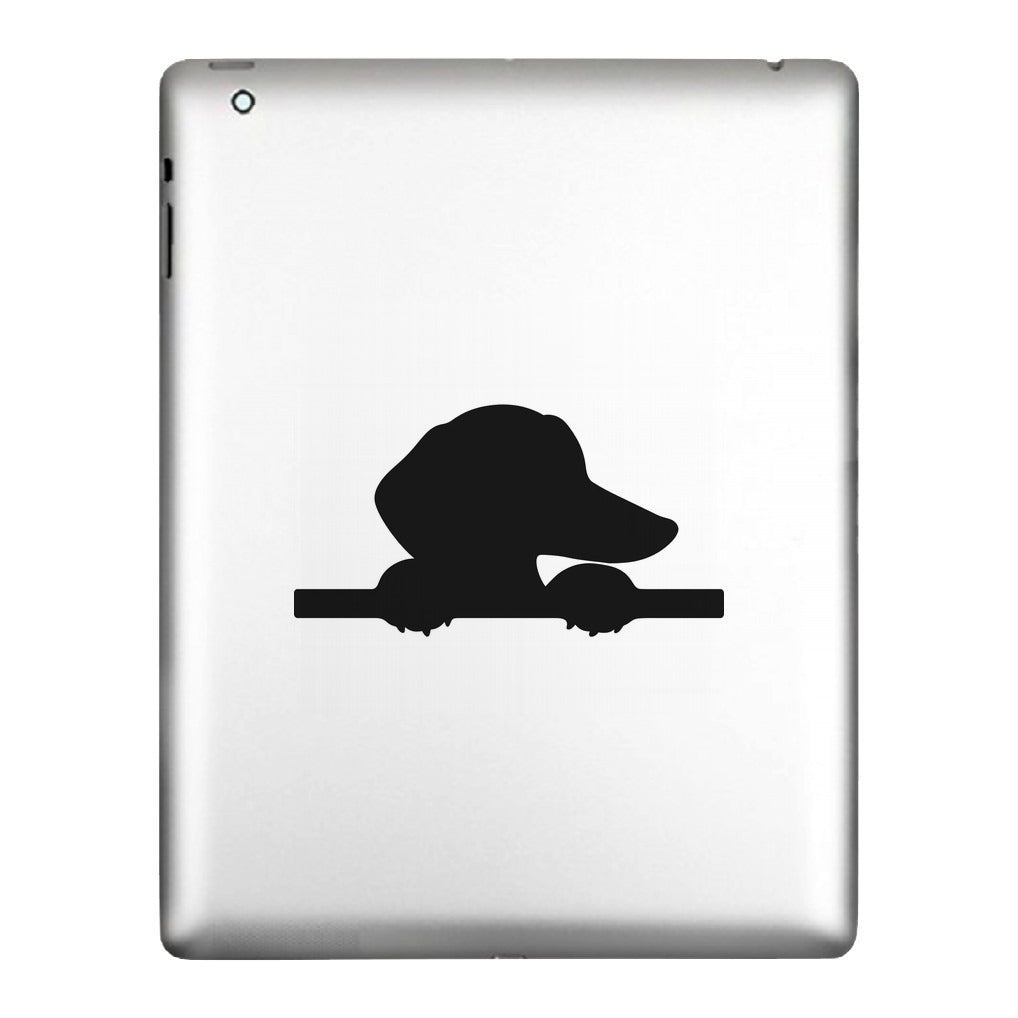 Peeking Dachshund decal applied to a tablet back