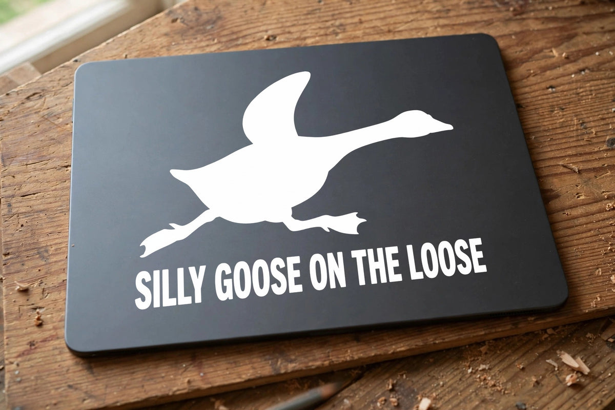 Silly Goose On The Loose decal applied to a tablet back