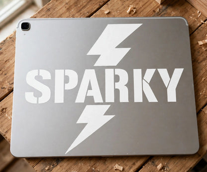 Sparky decal applied to a tablet back