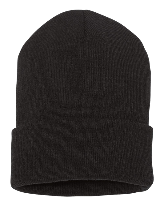 Back view of a black cuffed beanie